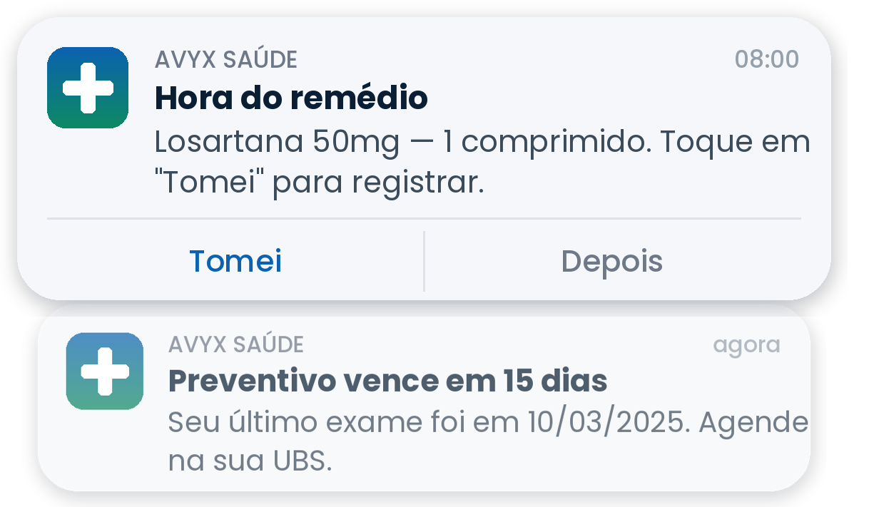 Notificações: hora do remédio com botões Tomei e Depois, e preventivo a vencer
