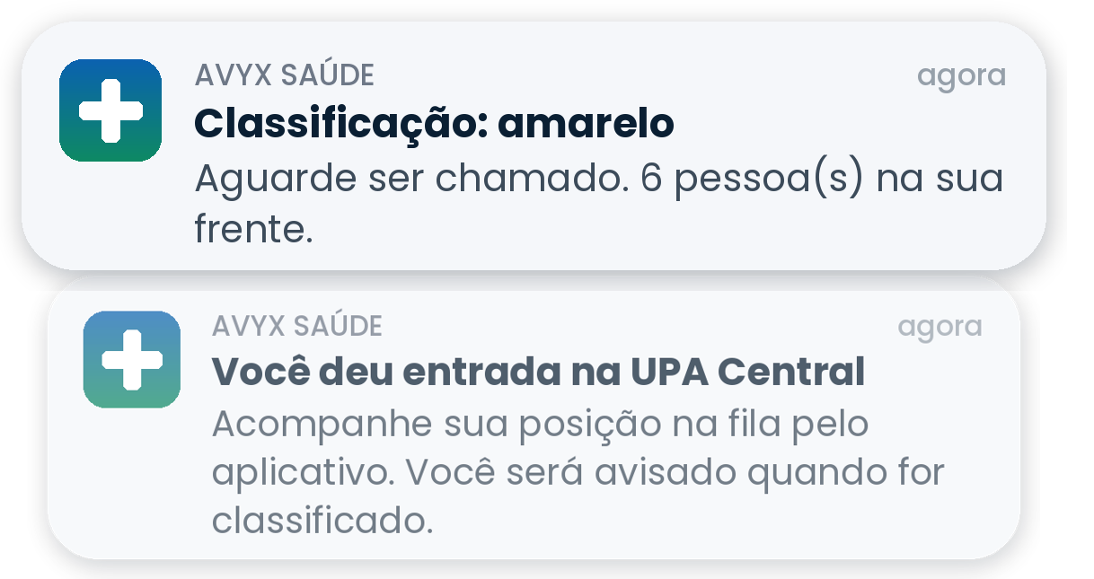 Notificações: classificação amarelo com 6 pessoas na frente, e entrada na UPA