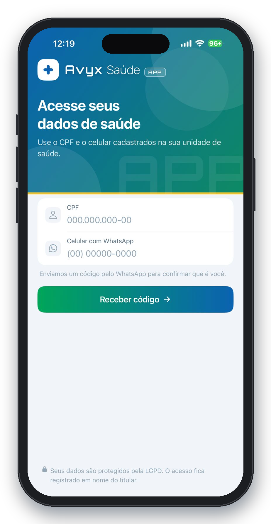 Tela de acesso do APP Saúde