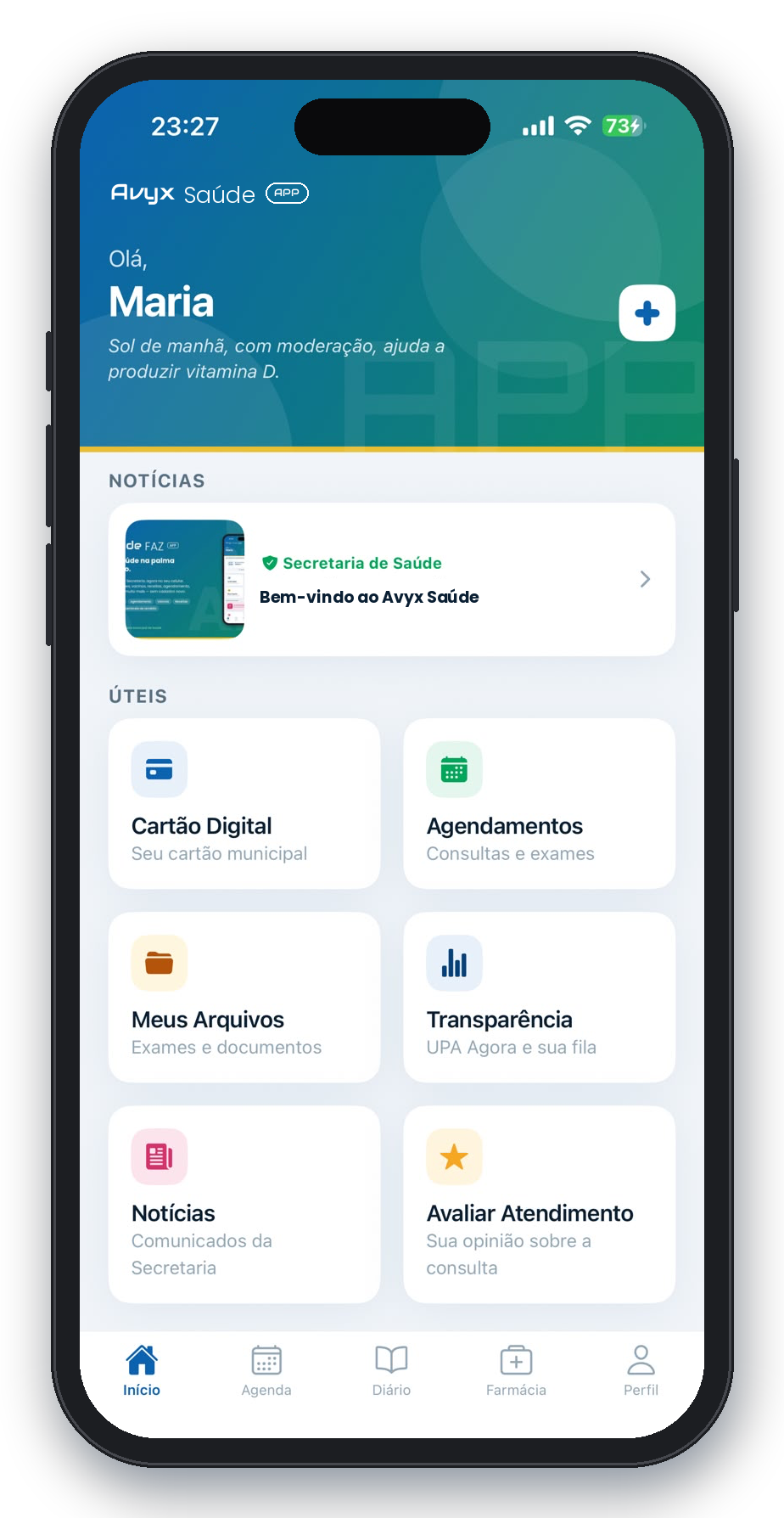 Tela inicial do APP Saúde